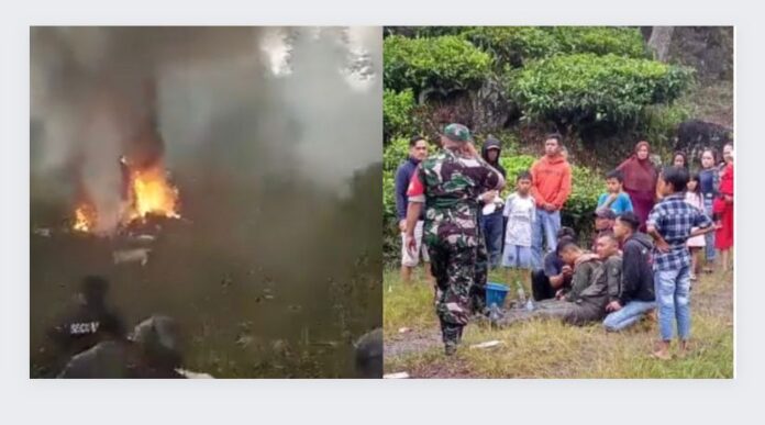 Pesawat latih milik TNI AD terlihat jatuh dan terbakar di kebun teh Ciwidey Bandung Jawa Barat